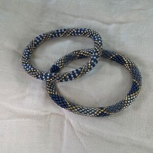 Handmade Beaded Roll On Bracelet Set in Blue and Gold